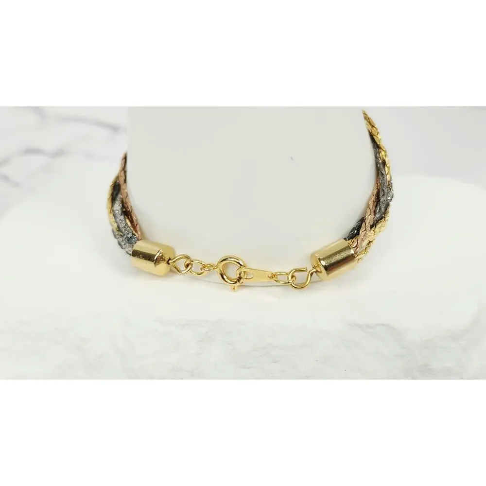 Vintage Tri-Color Braided Herringbone Chain Bracelet Gold Silver Rose 7.5